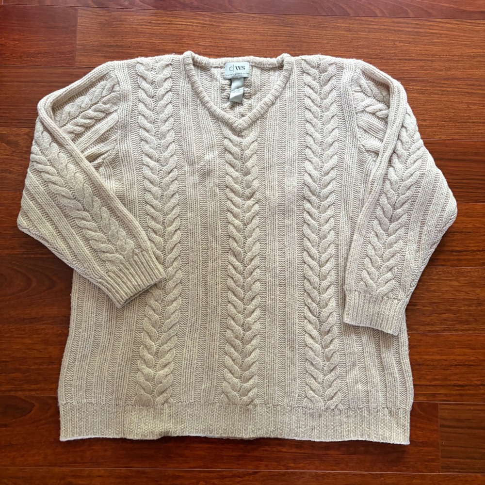 Casual WorkStyles Womens 1X Sweater Beige Cable Knit Lambswool V-Neck Vintage